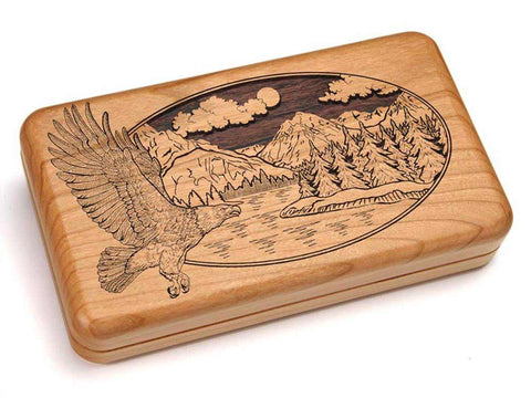 Top View of a Hinged Box 8x5" with laser engraved image of Eagle/Mtn Scene