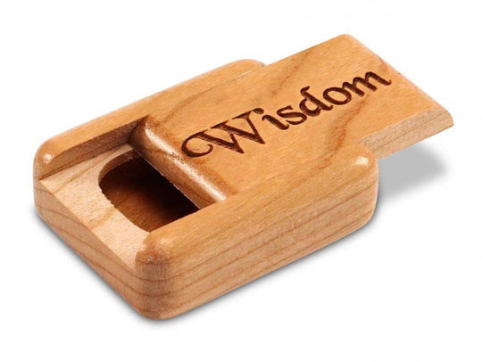Opened View of a 2" Flat Narrow Cherry with laser engraved image of Wisdom