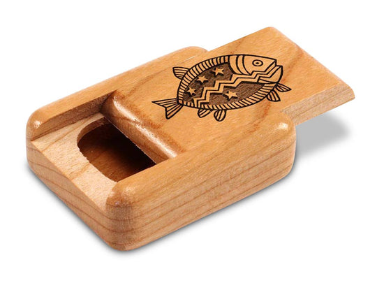 Opened View of a 2" Flat Narrow Cherry with laser engraved image of Primitive Fish