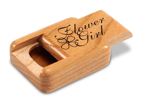 Top View of a 2" Flat Narrow Cherry with laser engraved image of Flower Girl