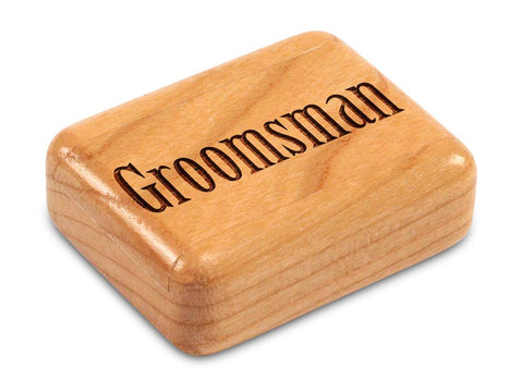Top View of a 2" Flat Narrow Cherry with laser engraved image of Groomsman