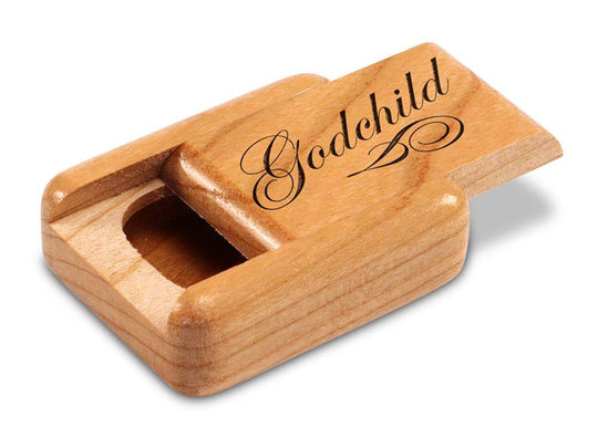 Opened View of a 2" Flat Narrow Cherry with laser engraved image of Godchild