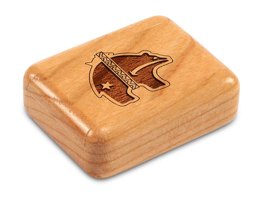 Top View of a 2" Flat Narrow Cherry with laser engraved image of Heartline Bear, Fancy