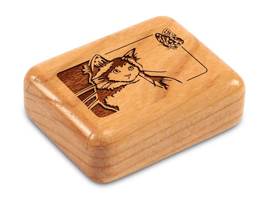 Top View of a 2" Flat Narrow Cherry with laser engraved image of Cat & Butterfly