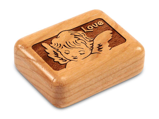 Top View of a 2" Flat Narrow Cherry with laser engraved image of Cherub Love