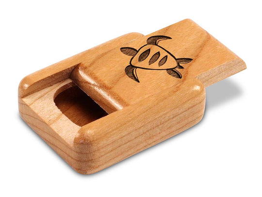Opened View of a 2" Flat Narrow Cherry with laser engraved image of Turtle