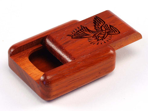 Top View of a 2" Flat Narrow Padauk with laser engraved image of Angel & Star