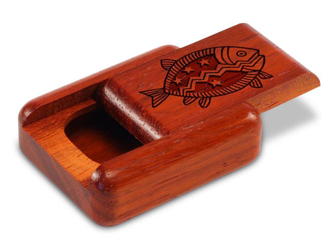 Top View of a 2" Flat Narrow Padauk with laser engraved image of Primitive Fish