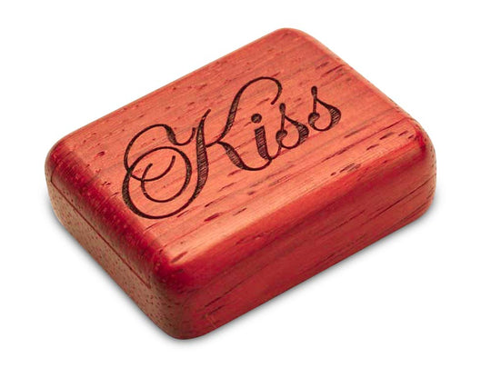 Opened View of a 2" Flat Narrow Padauk with laser engraved image of Kiss