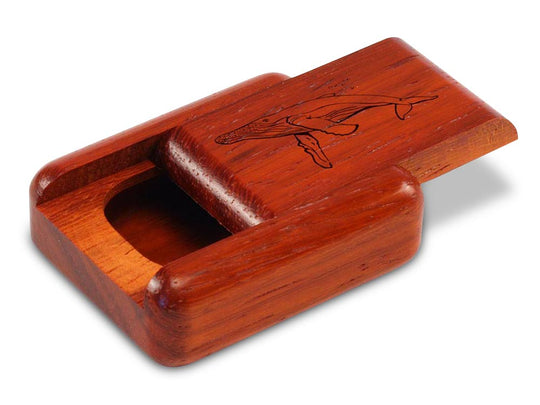 Opened View of a 2" Flat Narrow Padauk with laser engraved image of Humpback Whale
