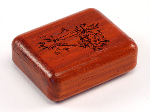 Top View of a 2" Flat Narrow Padauk with laser engraved image of Rose Wedding Bouquet with Leaves