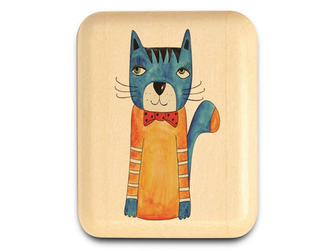Top View of a 2" Flat Narrow Aspen with color printed image of Blue Cat w/Bowtie