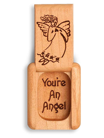 Top View of a 2" Flat Narrow Cherry with laser engraved image of You're An Angel
