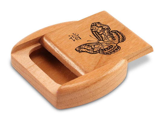 Opened View of a 2" Flat Wide Cherry with laser engraved image of Harmony