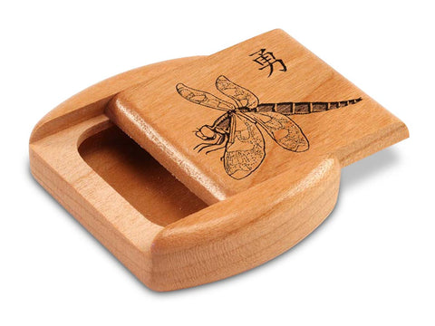 Top View of a 2" Flat Wide Cherry with laser engraved image of Dragonfly