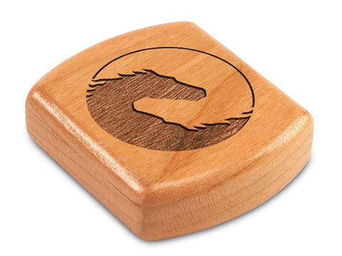 Top View of a 2" Flat Wide Cherry with laser engraved image of Yin Yang Horse