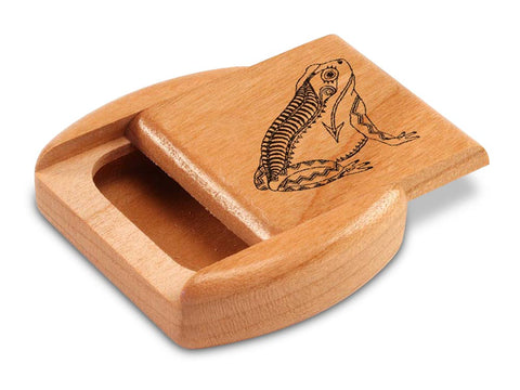 Top View of a 2" Flat Wide Cherry with laser engraved image of Heartline Frog