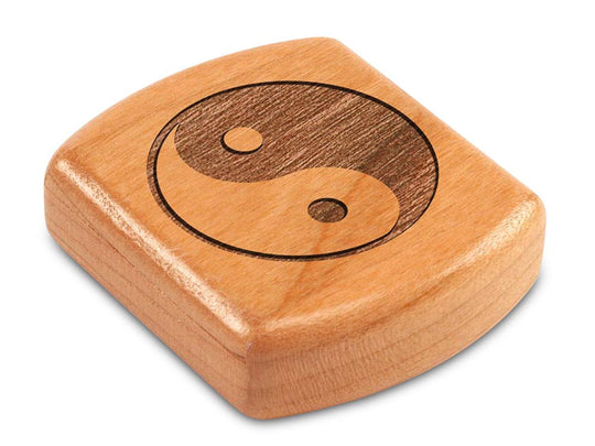 Top View of a 2" Flat Wide Cherry with laser engraved image of Yin Yang