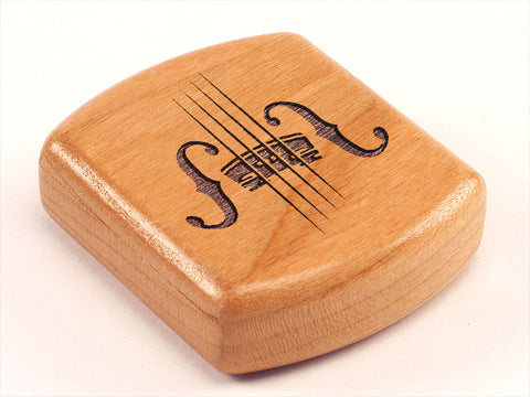 Top View of a 2" Flat Wide Cherry with laser engraved image of Violin