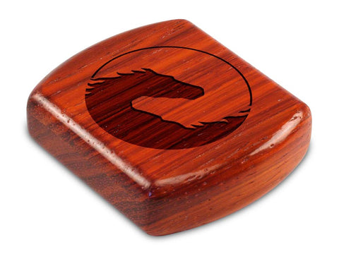Top View of a 2" Flat Wide Padauk with laser engraved image of Yin Yang Horse