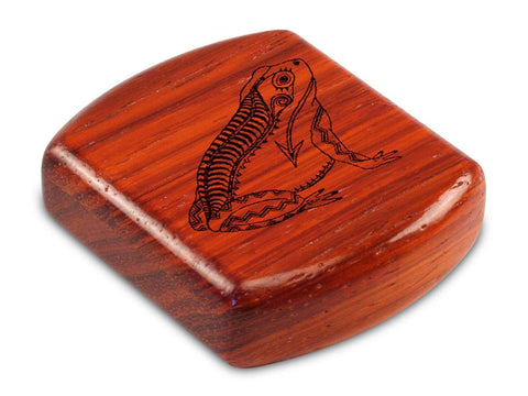 Top View of a 2" Flat Wide Padauk with laser engraved image of Heartline Frog