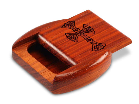 Top View of a 2" Flat Wide Padauk with laser engraved image of Celtic Cross