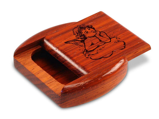 Opened View of a 2" Flat Wide Padauk with laser engraved image of Cherub