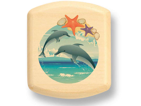 Top View of a 2" Flat Wide Aspen with color printed image of Two Dolphins