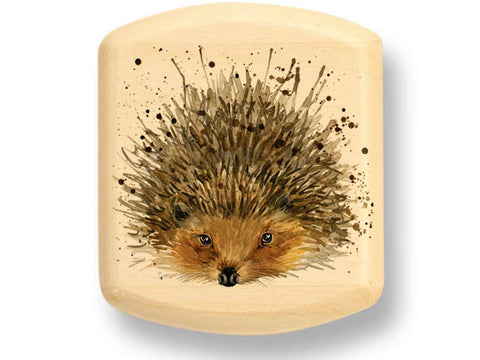 Top View of a 2" Flat Wide Aspen with color printed image of Hedgehog