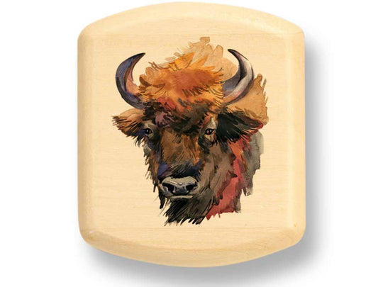 Top View of a 2" Flat Wide Aspen with color printed image of Bison Head