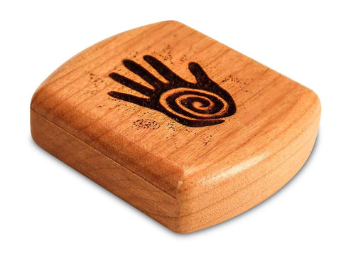 Top View of a 2" Flat Wide Cherry with laser engraved image of Shaman's Hand Heal Magic