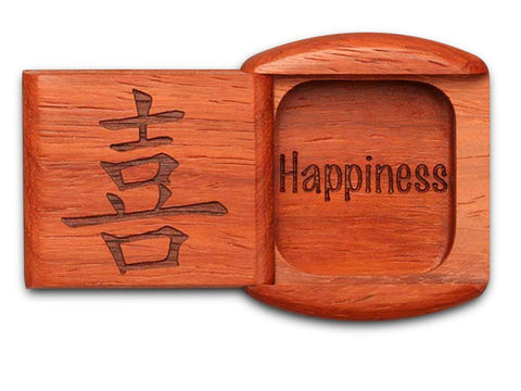 Top View of a 2" Flat Wide Padauk with laser engraved image of Happiness
