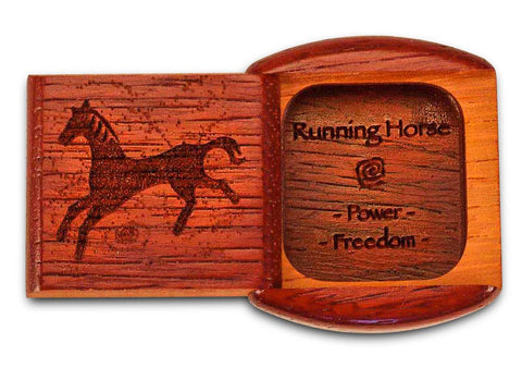 Top View of a 2" Flat Wide Padauk with laser engraved image of Running Horse Power Free