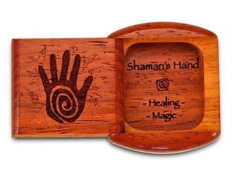 Top View of a 2" Flat Wide Padauk with laser engraved image of Shaman's Hand Heal Magic