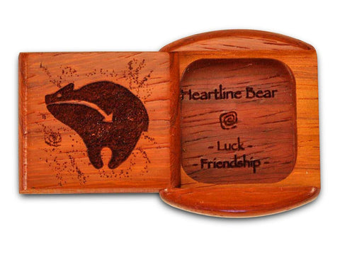 Top View of a 2" Flat Wide Padauk with laser engraved image of Heartline Bear Luck Friends