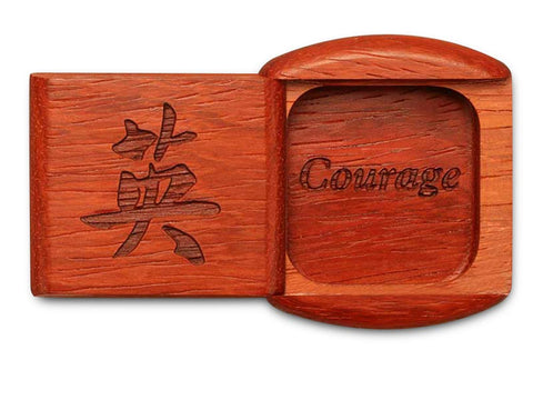 Top View of a 2" Flat Wide Padauk with laser engraved image of Courage