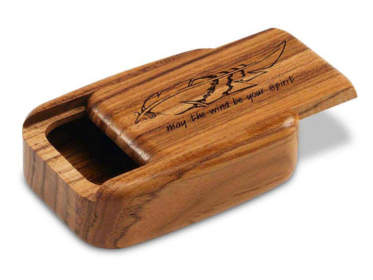 Opened View of a 3" Med Wide Teak with laser engraved image of Feather