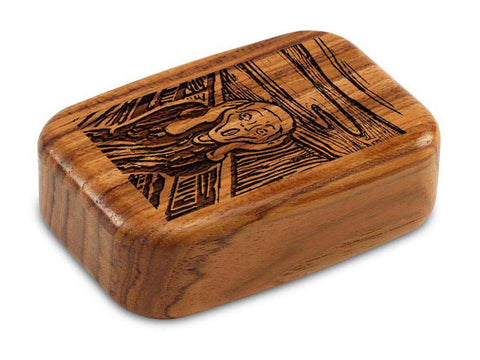 Top View of a 3" Med Wide Teak with laser engraved image of The Scream