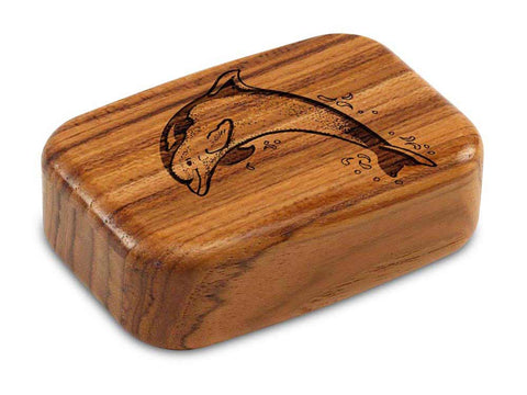 Top View of a 3" Med Wide Teak with laser engraved image of Dolphin