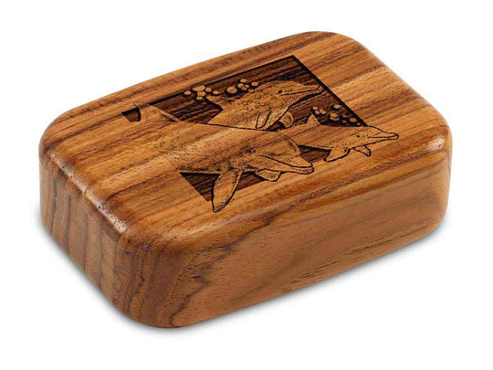 Top View of a 3" Med Wide Teak with laser engraved image of Dolphins