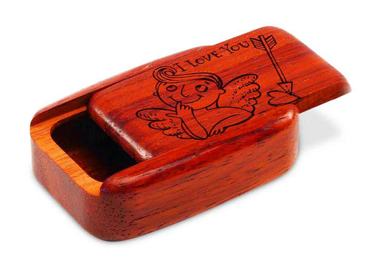 Opened View of a 3" Med Wide Padauk with laser engraved image of Cupid