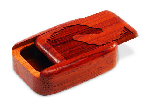 Top View of a 3" Med Wide Padauk with laser engraved image of Yin Yang Horse