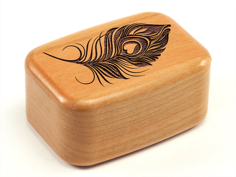 Top View of a 3" Tall Wide Cherry with laser engraved image of Peacock Feather with Heart