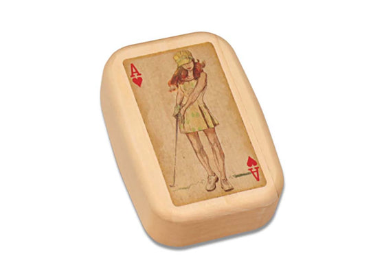 Open View of a Treasure Box with color printed image of Lady Golfer, w/ 6 Golf Tees