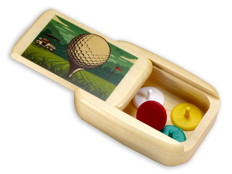 Open View of a Treasure Box with color printed image of Includes Golf Markers