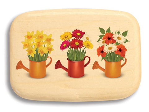 Open View of a Treasure Box with color printed image of Watering Cans with Flowers, w/ Flower Food