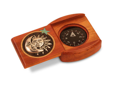 Open View of a Large Padauk Compass Box - Sun and Moon Silverscape