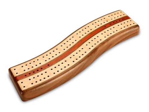 Top View with Pegs of a Walnut S Curve Cribbage Board