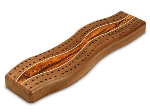 Top View with Pegs of a Walnut Center Wave Cribbage Board