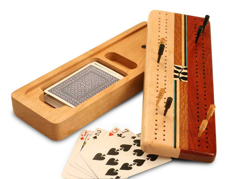 Top View of a Cherry Cribbage Board Vine Top and Cards